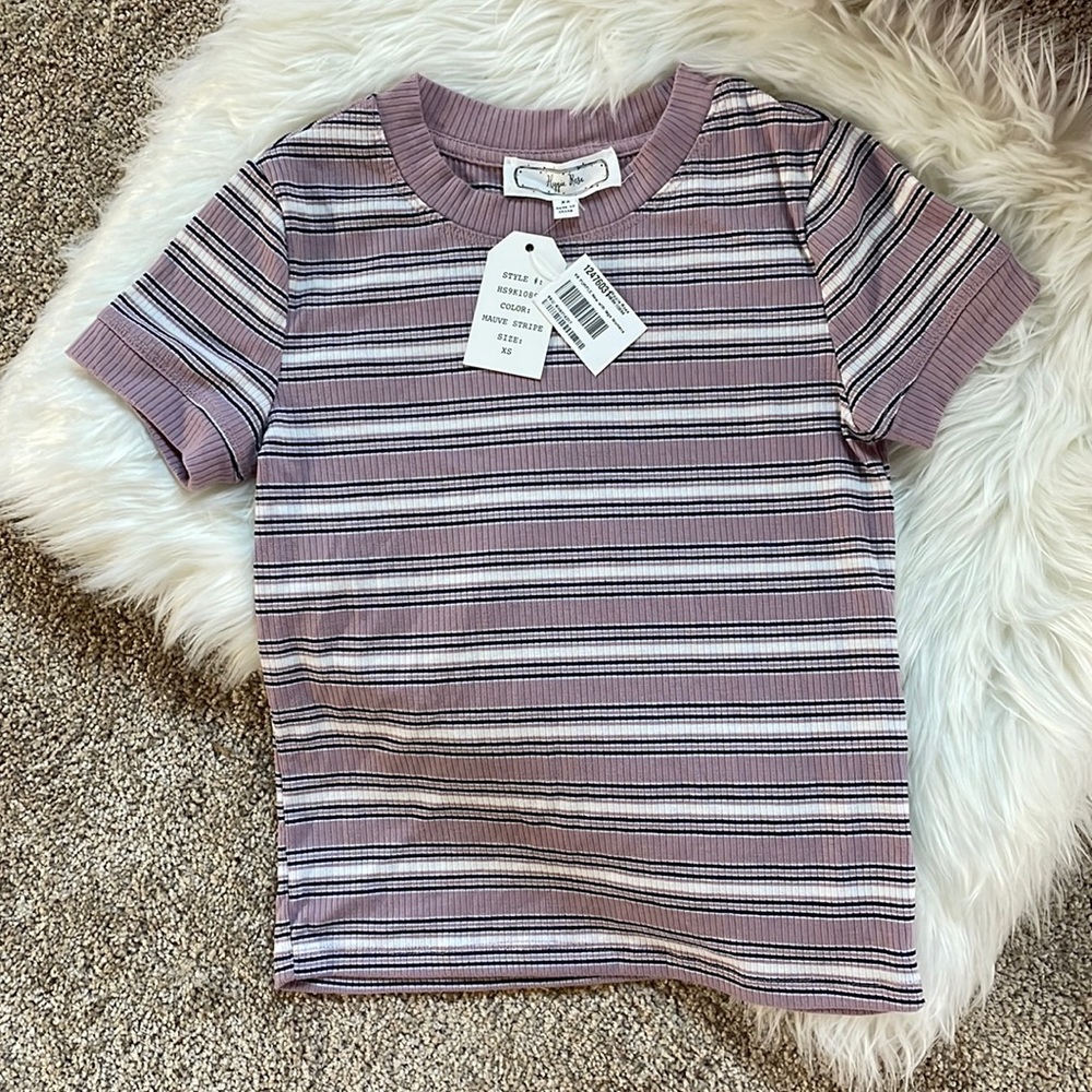 NWT (XS) Lavender pink stripe black white soft short round neck tee shirt mauve